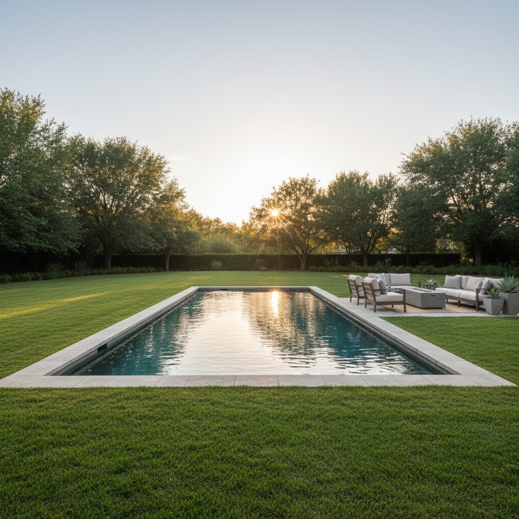 A rectangular swimming pool in a lush green backyard with trees surrounded by a white stone border and reflective water su...