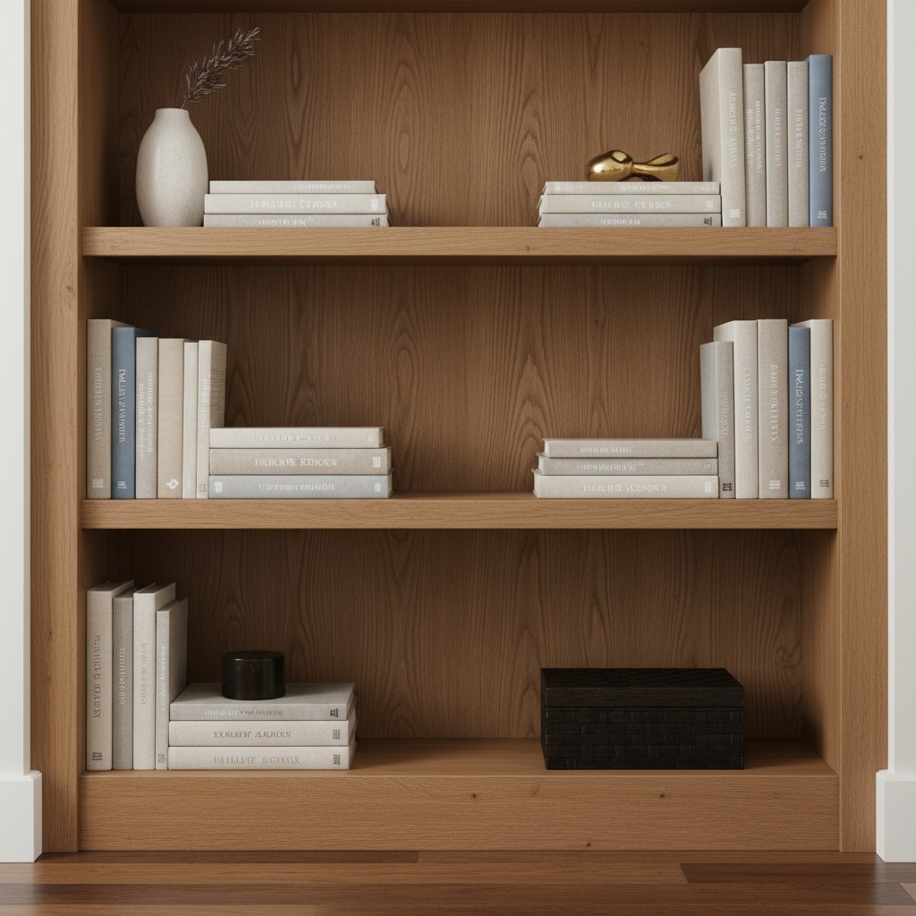 A light brown wooden bookshelf filled with books of various colors and sizes. Walls around it are white and there is a har...