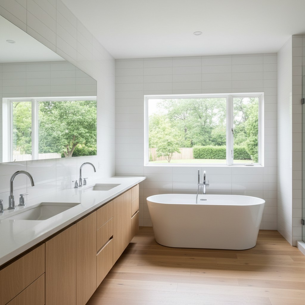 The image showcases a modern and minimalist bathroom with a bathroom sink and a bathtub. Alt text: clean and minimalist ba...