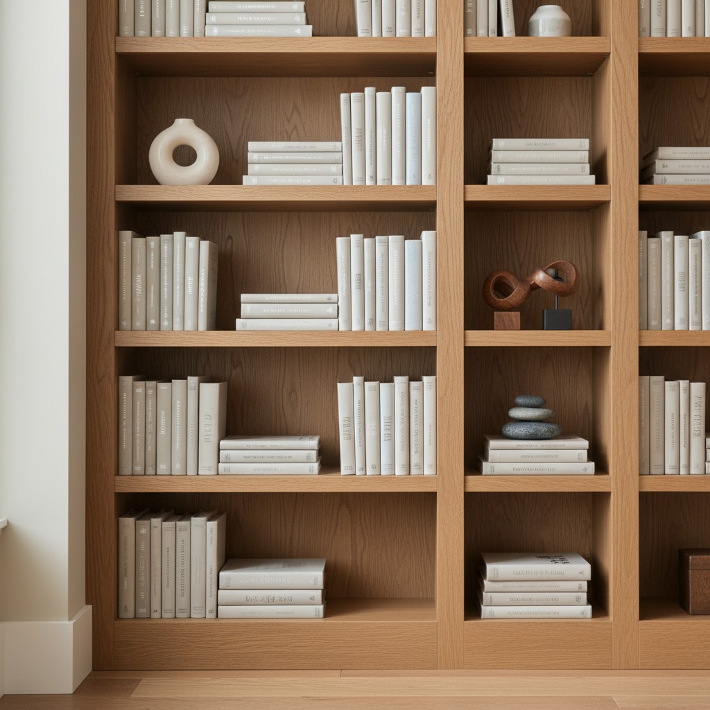 A light brown wooden bookshelf stands tall against a plain wall, its shelves lined with white books and decorative items.