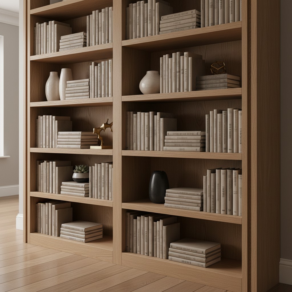 A light-toned wood book case with various objects and a large window, featuring dark walls and a light-colored hardwood fl...