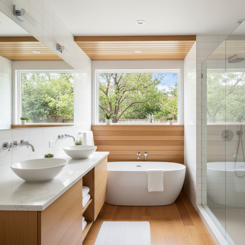 A modern, well-appointed bathroom with two sinks, a freestanding bathtub, and a walk-in shower, featuring wood accents and...