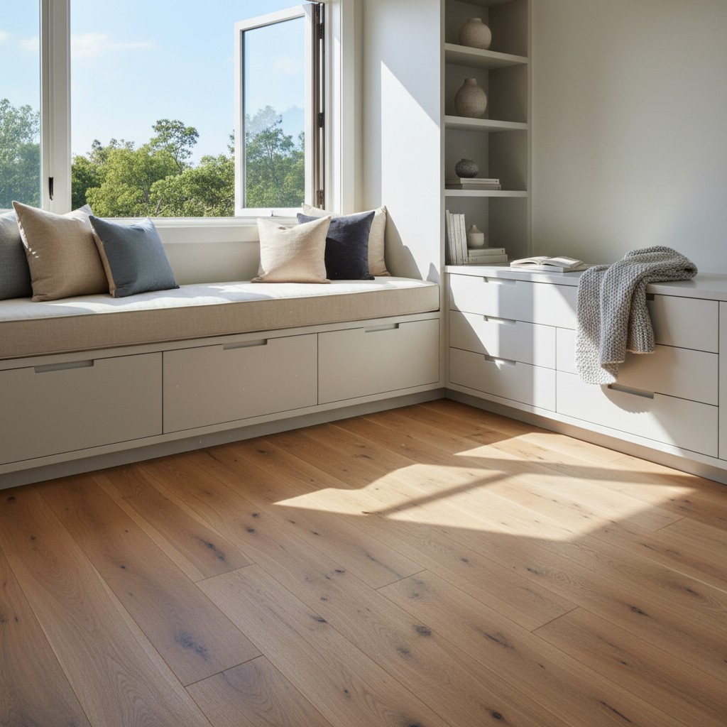 A window seat with pillows and built-in drawers, adjacent to a dresser with a blanket, situated in a modern white living r...