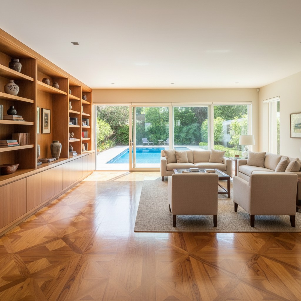 A bright and airy living space with large windows and a pool view.